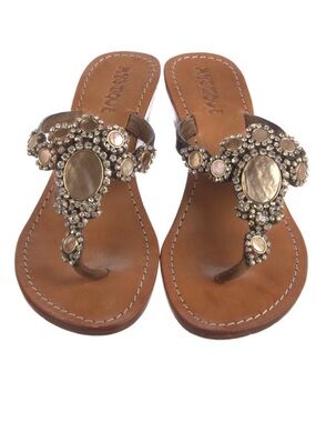 Mystique Boutique Brown Jeweled Wedge Thong Sandal